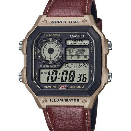 Casio Standard Digital World Time Leather Strap Quartz AE-1200WHL-5AV 100M Men's Watch