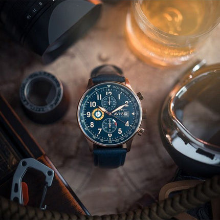 AVI-8 Hawker Hurricane Classic Chronograph Regent Blue Leather Strap Blue Dial Quartz AV-4011-0Q Men's Watch