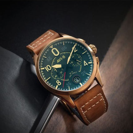 AVI-8 Spitfire Lock Chronograph Leather Strap Bronze Green Dial Quartz AV-4089-02 Mens Watch