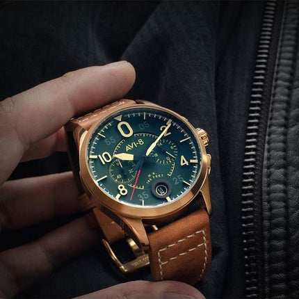 AVI-8 Spitfire Lock Chronograph Leather Strap Bronze Green Dial Quartz AV-4089-02 Mens Watch