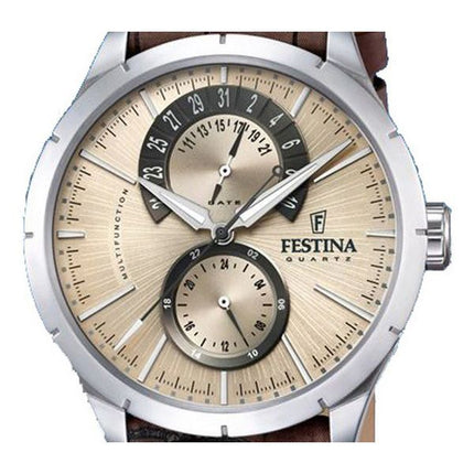 Festina Retro Leather Strap Multifunction Beige Dial Quartz F16573-9 Mens Watch