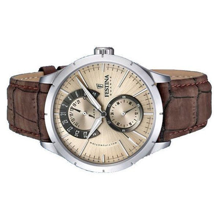 Festina Retro Leather Strap Multifunction Beige Dial Quartz F16573-9 Mens Watch