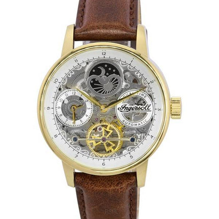 Ingersoll The Jazz Moon Phase Leather Strap Skeleton Gold Dial Automatic I07704 Mens Watch