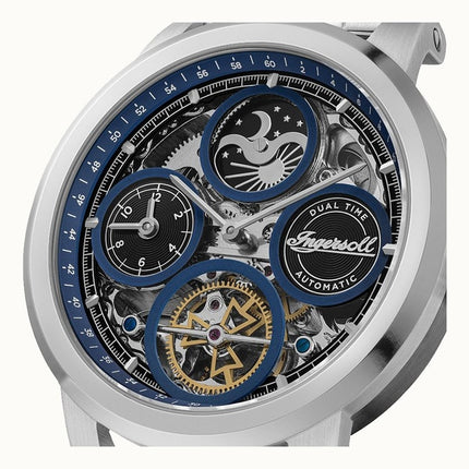 Ingersoll The Arc Moon Phase Stainless Steel Blue Skeleton Dial Automatic I16003 Men's Watch