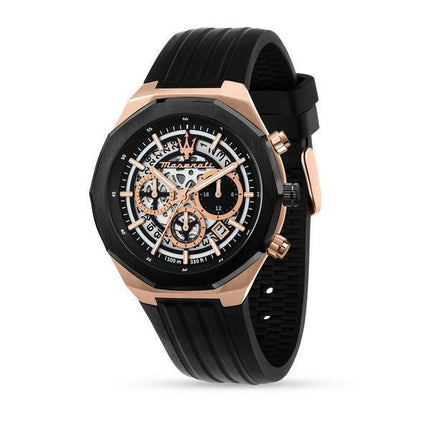 Maserati Stile Chronograph Rubber Strap Black Skeleton Dial Quartz R8871642003 100M Men's Watch