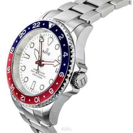 Ratio FreeDiver GMT Series Sapphire Stainless Steel White Dial Blue Red Pepsi Bezel Automatic RTF061 200M Men's Watch