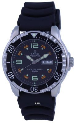 Ratio FreeDiver Black Dial PU Strap Quartz 48HA90-19-BLK 500M Mens Watch