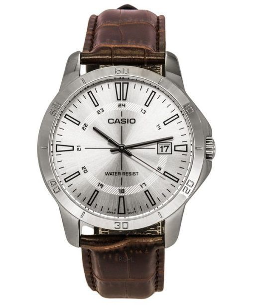 Casio Standard Analog Brown Leather Strap Silver Dial Quartz MTP-V004L-7C Mens Watch