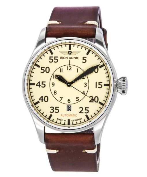 Iron Annie Flight Control Cockpit Leather Strap Beige Dial Automatic 51565 Men's Watch