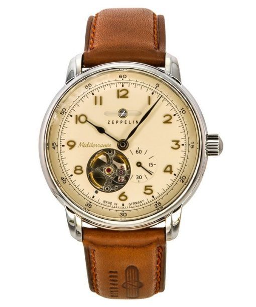 Zeppelin Mediterranee Leather Strap Open Heart Beige Dial Automatic 96665 Men's Watch