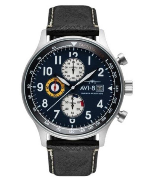 AVI-8 Hawker Hurricane Classic Chronograph Midnight Black Leather Strap Blue Dial Quartz AV-4011-0I Men's Watch