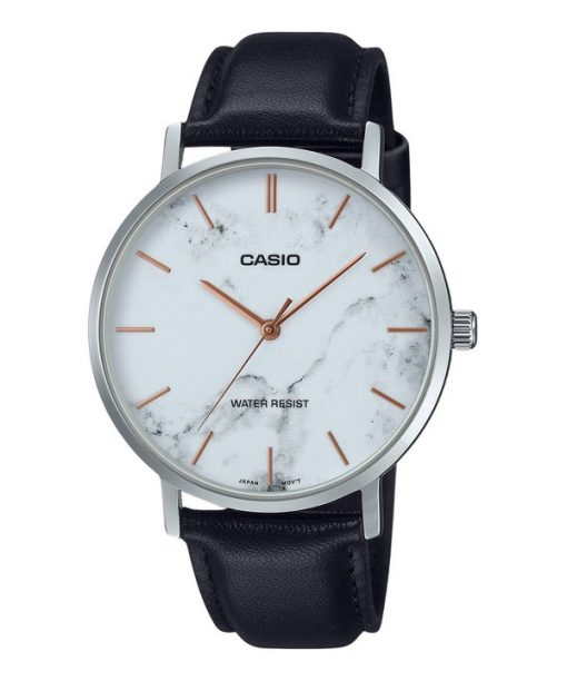 Casio Standard Analog Black Leather Strap Marble Inspired White Dial Quartz MTP-VT01LM-7A Men's Watch