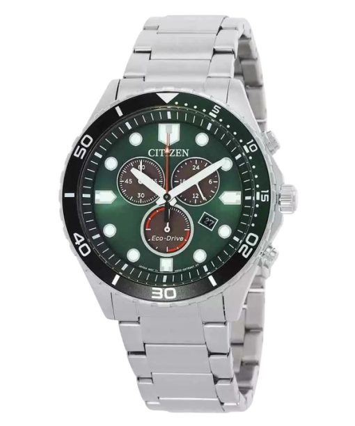 Citizen Eco-Drive Chronograph GMT Stainless Steel Green Dial AT2561-81X 100M Mens Watch